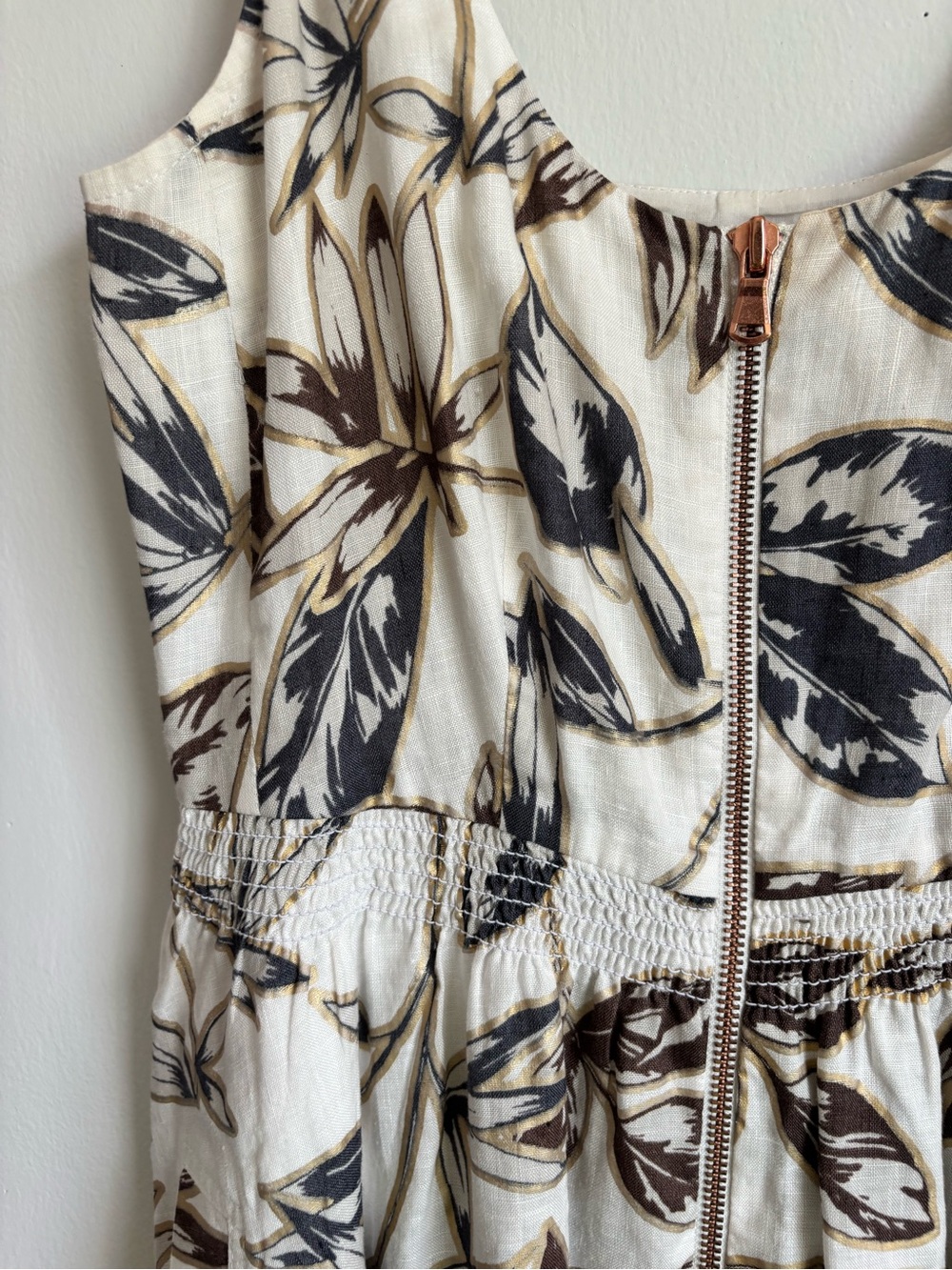 J.CREW Gold Foil Leaf Botanical Stretch Waist Front Zip Linen Dress 2 - Picture 4 of 9